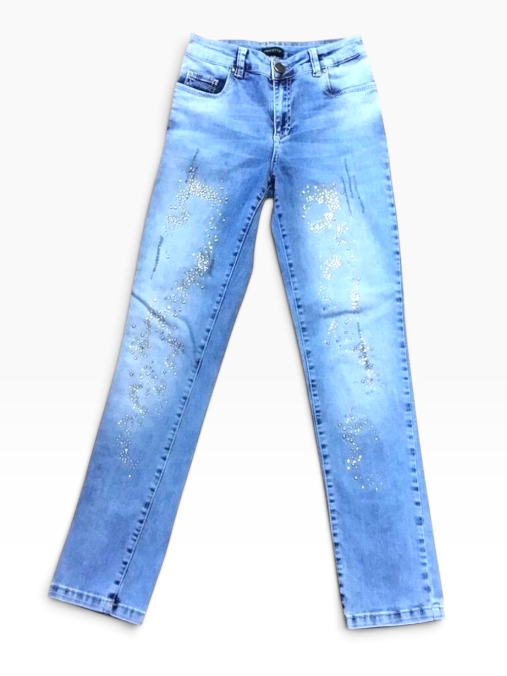 TRICOTTO high rise waist distressed rhinestone crystal sparkle jeans 6 ripped